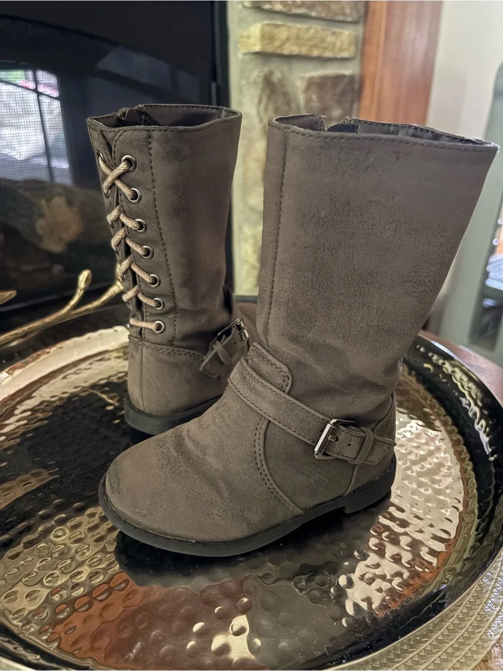 Children’s Place Toddler Sz 6 Dark Gray Tall Mid-Calf Buckle Boots with Side Zip